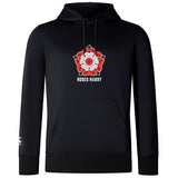 The Roses Rugby Club Lightweight Hoodie by WRS Canterbury features a black design with an embroidered red and white rose emblem and "ROSES RUGBY" text on the front, embodying classic Canterbury style.