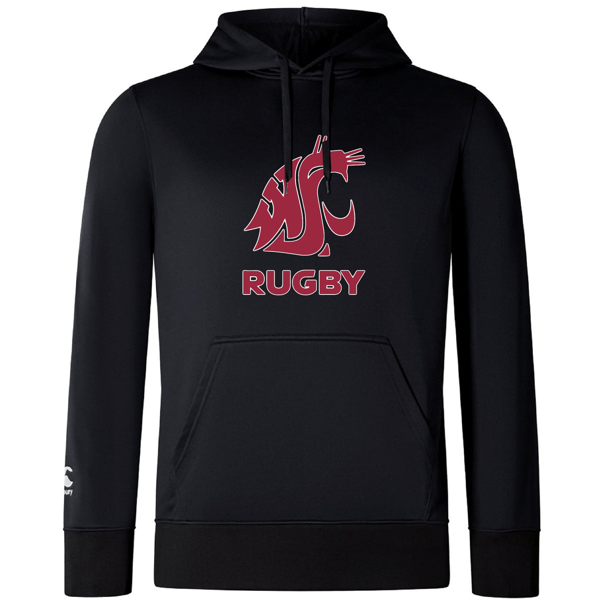 Stay comfortable and stylish in the WRS Canterbury Washington State University Club Lightweight Hoodie, featuring a maroon and white cougar logo with "Rugby" beneath, front pocket, and drawstring hood.
