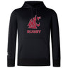 Stay comfortable and stylish in the WRS Canterbury Washington State University Club Lightweight Hoodie, featuring a maroon and white cougar logo with "Rugby" beneath, front pocket, and drawstring hood.