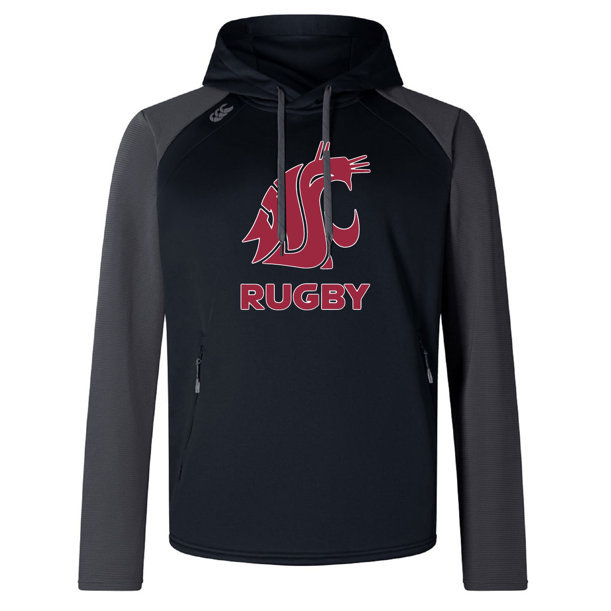 The Washington State University Elite Training Hoody by WRS Canterbury features "WSU Rugby" and a cougar logo on the chest, a black/gray design, performance hoodie styling, and front zipper pockets on each side.