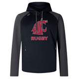 The Washington State University Elite Training Hoody by WRS Canterbury features "WSU Rugby" and a cougar logo on the chest, a black/gray design, performance hoodie styling, and front zipper pockets on each side.