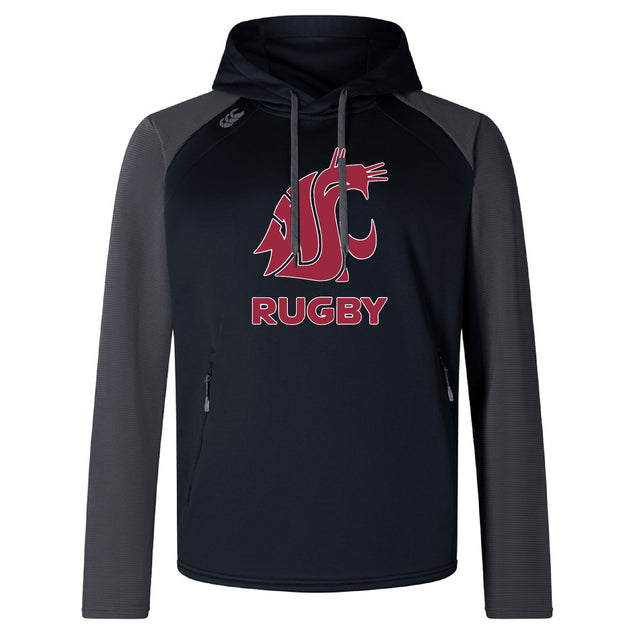 The Washington State University Elite Training Hoody by WRS Canterbury features "WSU Rugby" and a cougar logo on the chest, a black/gray design, performance hoodie styling, and front zipper pockets on each side.