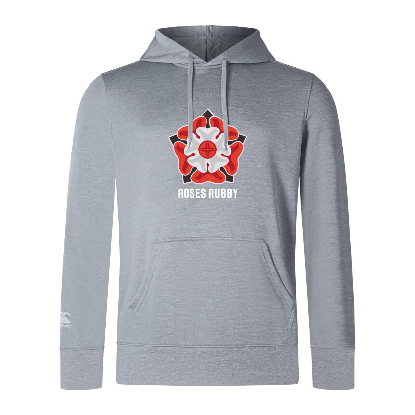 The WRS Canterbury Roses Rugby Club Lightweight Hoodie is a gray sweatshirt with a hood, kangaroo pocket, white and red rose graphics, and "Roses Rugby" text on the chest.