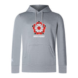 The WRS Canterbury Roses Rugby Club Lightweight Hoodie is a gray sweatshirt with a hood, kangaroo pocket, white and red rose graphics, and "Roses Rugby" text on the chest.
