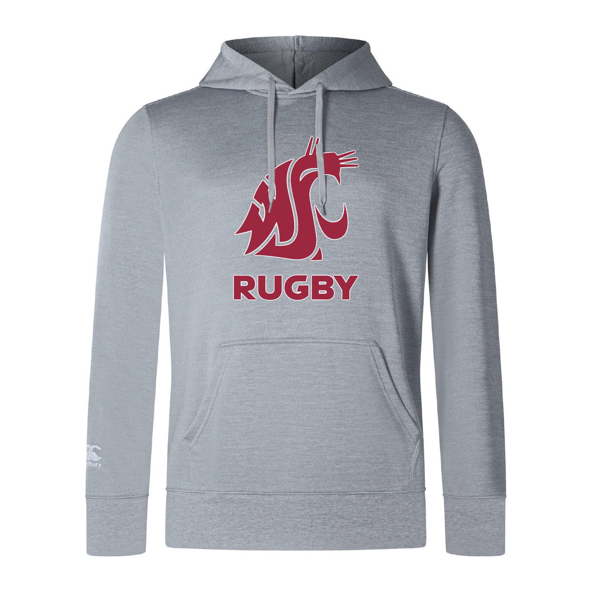 The Washington State University Club Lightweight Hoodie by WRS Canterbury features a front pocket, a red cougar logo above "RUGBY," and is perfect for showing team spirit.