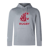 The Washington State University Club Lightweight Hoodie by WRS Canterbury features a front pocket, a red cougar logo above "RUGBY," and is perfect for showing team spirit.