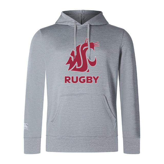 The Washington State University Club Lightweight Hoodie by WRS Canterbury features a front pocket, a red cougar logo above "RUGBY," and is perfect for showing team spirit.