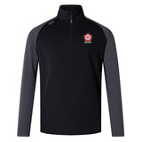 The Roses Rugby Elite First Layer by EMB Canterbury is a black and gray long-sleeve rugby top with a quarter zip and left chest badge, featuring quick-drying VapoDri technology for breathable comfort.