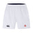 The Roses Rugby Advantage Short 2.0 by EMB Canterbury are white sports shorts featuring an elastic waistband, a black logo on the left leg, and a red emblem on the right. Designed for performance, they offer comfort and style in every move.