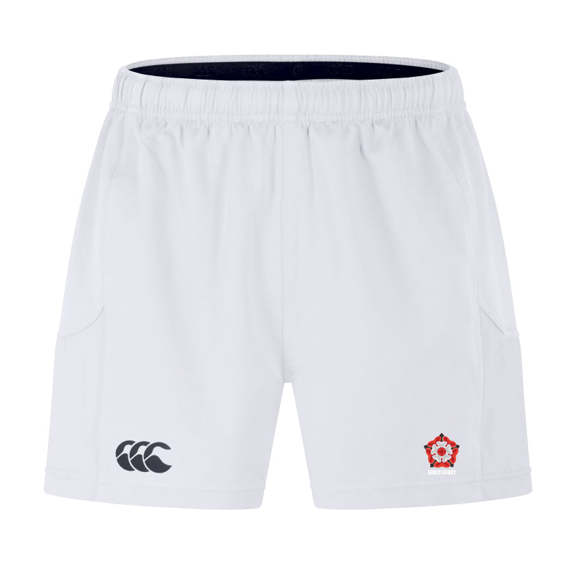 The Roses Rugby Advantage Short 2.0 by EMB Canterbury are white sports shorts featuring an elastic waistband, a black logo on the left leg, and a red emblem on the right. Designed for performance, they offer comfort and style in every move.
