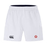 The Roses Rugby Advantage Short 2.0 by EMB Canterbury are white sports shorts featuring an elastic waistband, a black logo on the left leg, and a red emblem on the right. Designed for performance, they offer comfort and style in every move.
