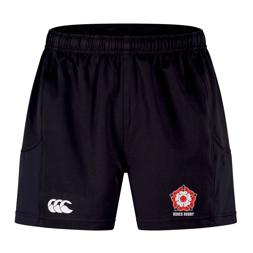 The Roses Rugby Advantage Short 2.0 by EMB Canterbury combines a black athletic design with a white left-side logo and red and white floral emblem on the right, blending style, function, and sustainability in every stride.