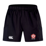 The Roses Rugby Advantage Short 2.0 by EMB Canterbury combines a black athletic design with a white left-side logo and red and white floral emblem on the right, blending style, function, and sustainability in every stride.