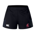 The Washington State University Women's Advantage Short 2.0 by EMB Canterbury features black, durable training shorts with the Canterbury logo on the left leg and a red WSU Rugby logo on the right, designed for comfort.