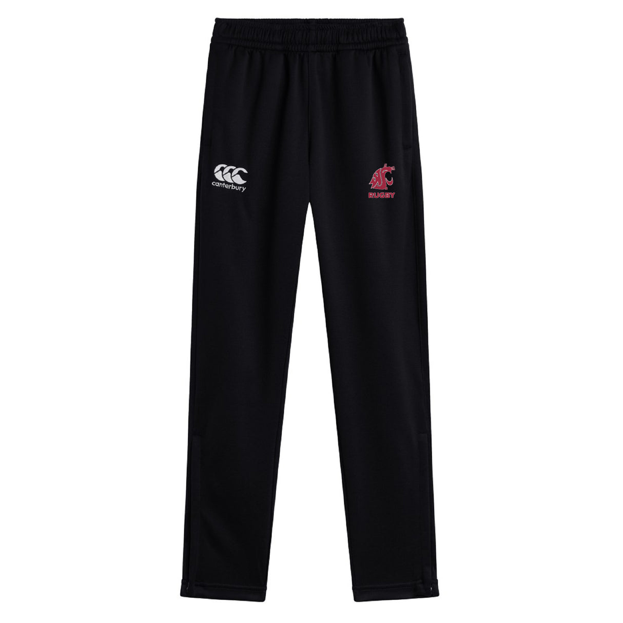 The Washington State University Stretch Tapered Pant by EMB Canterbury features an elastic waistband, white Canterbury logo on the left, and red WSU Rugby logo on the right. These quick dry pants provide comfort and style for any workout.