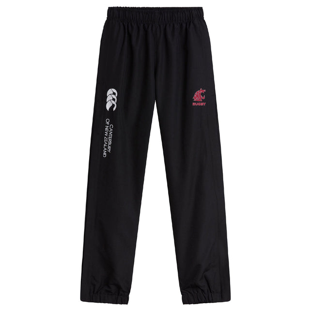 The Washington State University Cuffed Hem Stadium Pant by EMB Canterbury features an elastic waistband and cuffs, white Canterbury logo and text on the left leg, and a red WSU rugby logo on the right thigh—ideal for rugby fans.