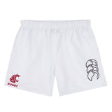The Washington State University Tactic Short by EMB Canterbury features a red WSU logo and "RUGBY" on the left leg, plus a black Canterbury logo on the right. Ideal men's gym or training shorts.
