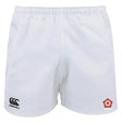 The Roses Rugby Player's Drill Short by EMB Canterbury are white rugby shorts made from recycled fabric, featuring the Canterbury logo on the left leg and a red rose emblem on the right.