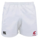 The EMB Canterbury Washington State University Advantage Rugby Shorts feature moisture-wicking fabric, a Canterbury logo on the left leg, and a red WSU Rugby logo on the right, all on a plain white background.