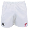 The EMB Canterbury Washington State University Advantage Rugby Shorts feature moisture-wicking fabric, a Canterbury logo on the left leg, and a red WSU Rugby logo on the right, all on a plain white background.