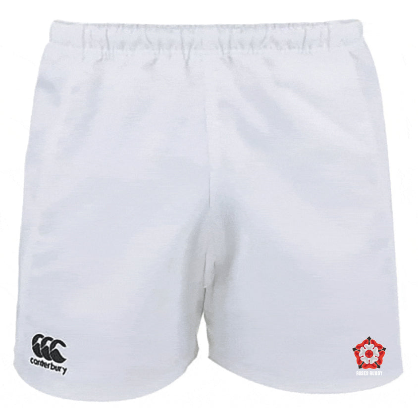 The Roses Rugby Professional Shorts by EMB Canterbury feature an elastic waistband, delivering performance-focused design. Crafted from polyester, they showcase a Canterbury logo in black on the left and a red rose emblem on the right, epitomizing Canterbury craftsmanship.