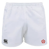 The Roses Rugby Professional Shorts by EMB Canterbury feature an elastic waistband, delivering performance-focused design. Crafted from polyester, they showcase a Canterbury logo in black on the left and a red rose emblem on the right, epitomizing Canterbury craftsmanship.