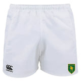 The Riverlands Rugby Professional Polyester Rugby Short by EMB Canterbury features durable polyester, the Canterbury logo on the left leg, and a green and gold emblem on the right leg.