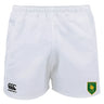 The Riverlands Rugby Professional Polyester Rugby Short by EMB Canterbury features durable polyester, the Canterbury logo on the left leg, and a green and gold emblem on the right leg.