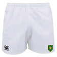 The Riverlands Rugby Player's Drill Short by EMB Canterbury features an elastic waistband, recycled fabric, the Canterbury logo on the left leg, and a green and yellow badge on the right leg for strength and sustainability.