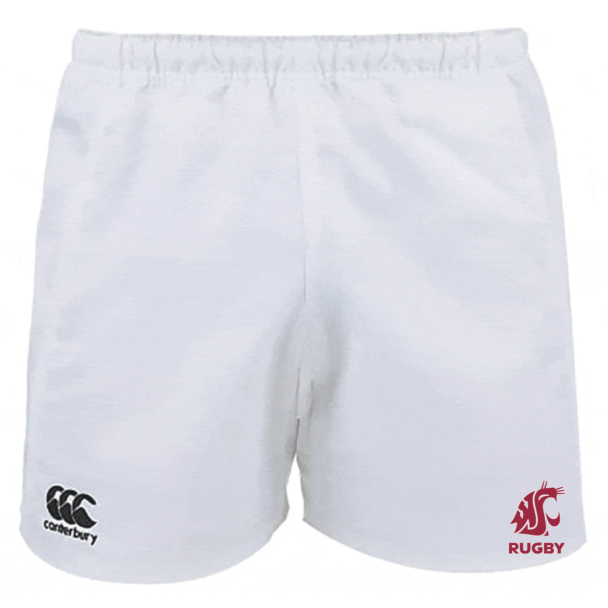 The Washington State University Professional Polyester Rugby Short by Canterbury features the EMB Canterbury logo on the left leg and WSU rugby logo on the right, offering durable polyester construction for top athletic performance.