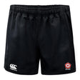 The Roses Rugby Professional Shorts by EMB Canterbury are durable polyester shorts with an elastic waistband, featuring the iconic Canterbury logo and a red rose emblem, perfect for rugby enthusiasts.