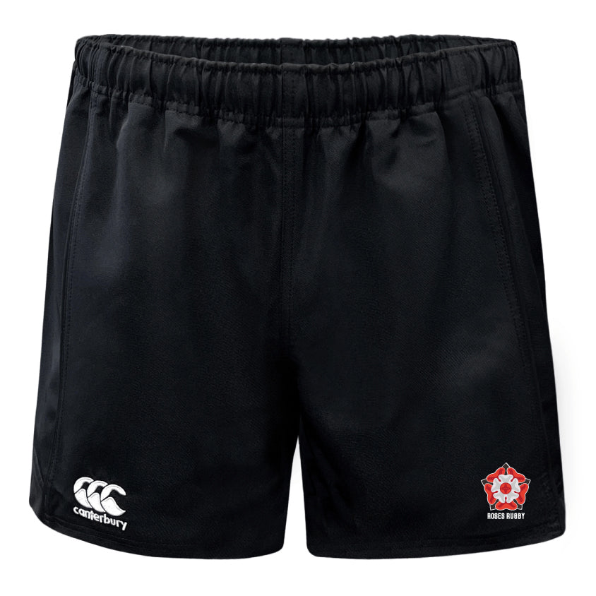 The Roses Rugby Professional Shorts by EMB Canterbury are durable polyester shorts with an elastic waistband, featuring the iconic Canterbury logo and a red rose emblem, perfect for rugby enthusiasts.