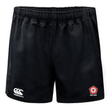 The Roses Rugby Professional Shorts by EMB Canterbury are durable polyester shorts with an elastic waistband, featuring the iconic Canterbury logo and a red rose emblem, perfect for rugby enthusiasts.