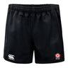 The Roses Rugby Professional Shorts by EMB Canterbury are durable polyester shorts with an elastic waistband, featuring the iconic Canterbury logo and a red rose emblem, perfect for rugby enthusiasts.