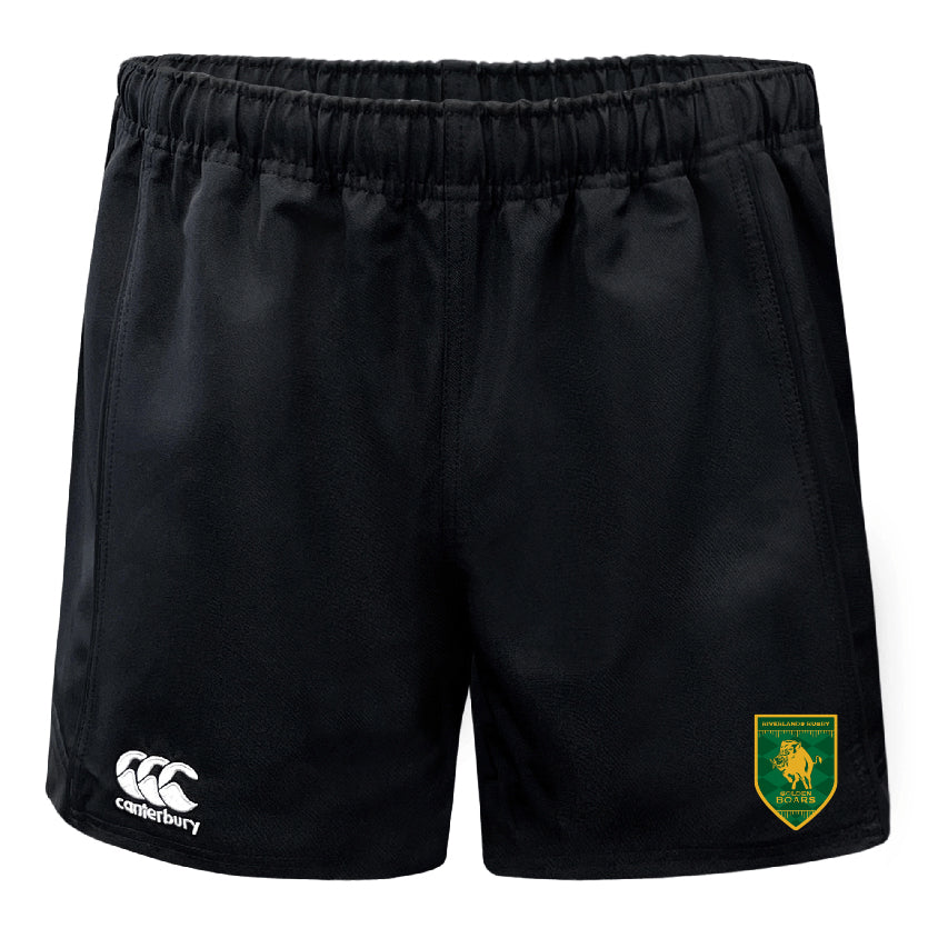 The Riverlands Rugby Professional Polyester Rugby Short by EMB Canterbury features an elastic waistband, durable black polyester fabric, a white Canterbury logo on the left leg, and a green and yellow lion emblem on the right.