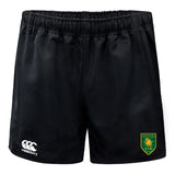 The Riverlands Rugby Professional Polyester Rugby Short by EMB Canterbury features an elastic waistband, durable black polyester fabric, a white Canterbury logo on the left leg, and a green and yellow lion emblem on the right.