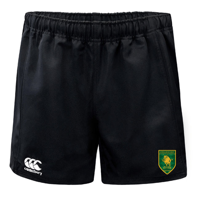 The Riverlands Rugby Professional Polyester Rugby Short by EMB Canterbury features an elastic waistband, durable black polyester fabric, a white Canterbury logo on the left leg, and a green and yellow lion emblem on the right.