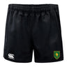 The Riverlands Rugby Professional Polyester Rugby Short by EMB Canterbury features an elastic waistband, durable black polyester fabric, a white Canterbury logo on the left leg, and a green and yellow lion emblem on the right.