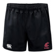 The EMB Canterbury Washington State University Professional Polyester Rugby Short features an elastic waistband, white Canterbury logo on the left leg, and red WSU Rugby logo on the right—ideal for serious rugby players.