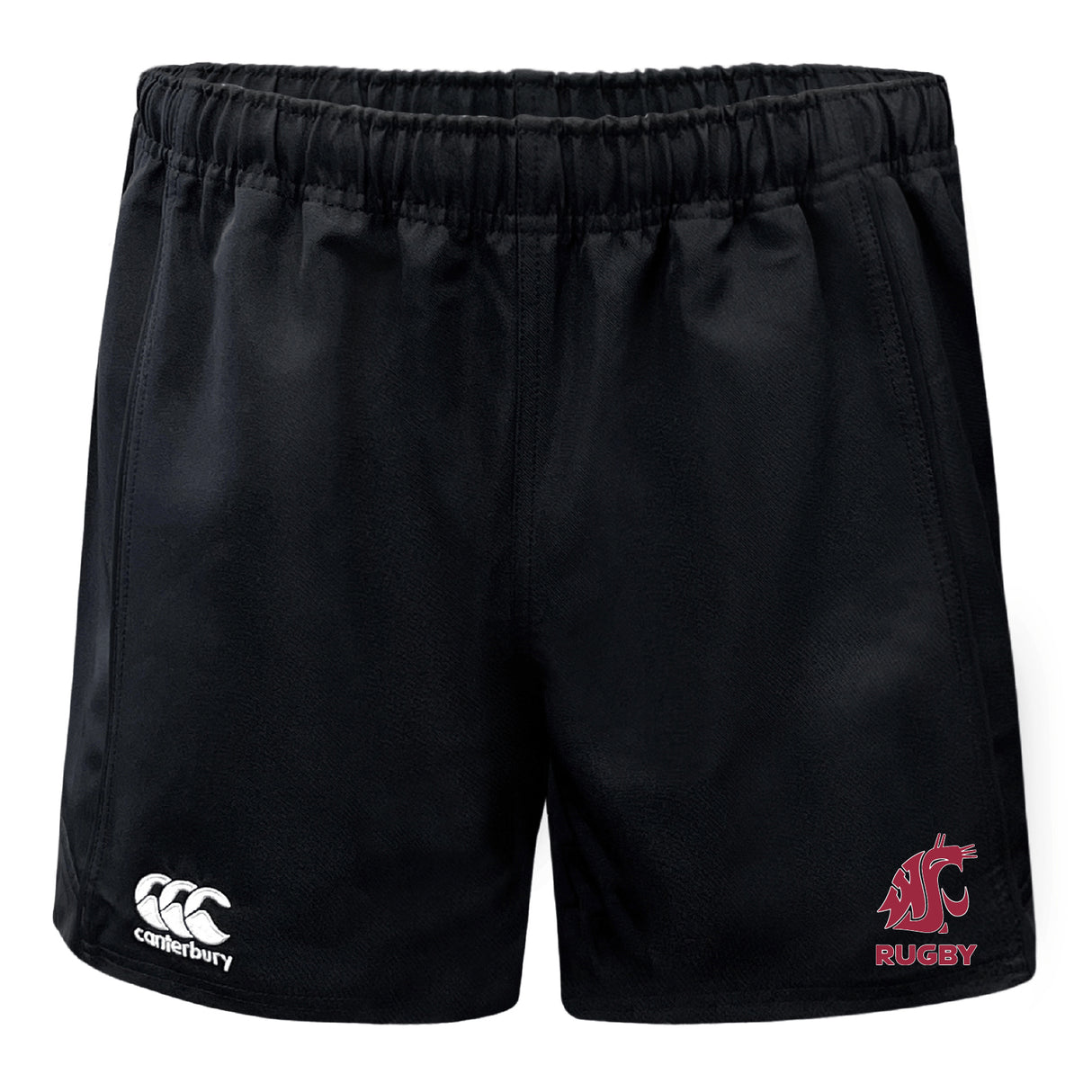 The Washington State University Advantage Rugby Shorts by EMB Canterbury feature an elastic waistband, the Canterbury logo on the left leg, and a red WSU Rugby logo on the right, offering comfort and durability for every match.