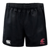 The Washington State University Advantage Rugby Shorts by EMB Canterbury feature an elastic waistband, the Canterbury logo on the left leg, and a red WSU Rugby logo on the right, offering comfort and durability for every match.