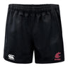 The Washington State University Advantage Rugby Shorts by EMB Canterbury feature an elastic waistband, the Canterbury logo on the left leg, and a red WSU Rugby logo on the right, offering comfort and durability for every match.