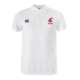Show your team pride in the Washington State University Waimak Polo by EMB Canterbury—a white short-sleeve rugby polo with a three-button collar, black CCC logo on the right chest, and red WSU Rugby logo on the left.