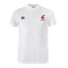 Show your team pride in the Washington State University Waimak Polo by EMB Canterbury—a white short-sleeve rugby polo with a three-button collar, black CCC logo on the right chest, and red WSU Rugby logo on the left.