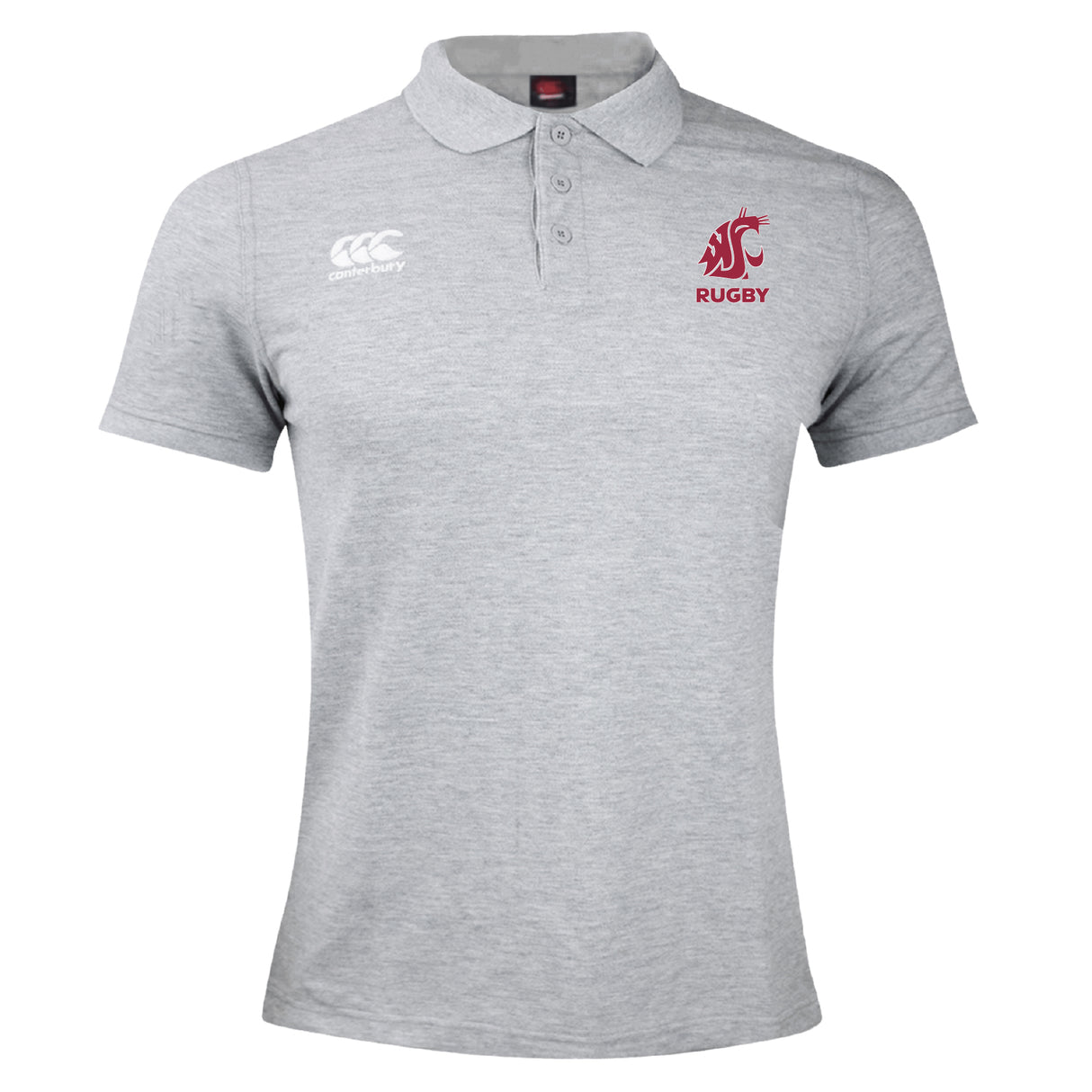 The Washington State University Waimak Polo by EMB Canterbury is a light gray short-sleeve rugby polo with a collar, featuring a white Canterbury logo and a red WSU rugby logo on the chest.