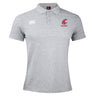 The Washington State University Waimak Polo by EMB Canterbury is a light gray short-sleeve rugby polo with a collar, featuring a white Canterbury logo and a red WSU rugby logo on the chest.