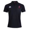 The Washington State University Waimak Polo by EMB Canterbury is a black short-sleeve polo with collar, featuring the Canterbury logo on the left chest and a red WSU Rugby logo on the right. Ideal for fans of classic rugby style.