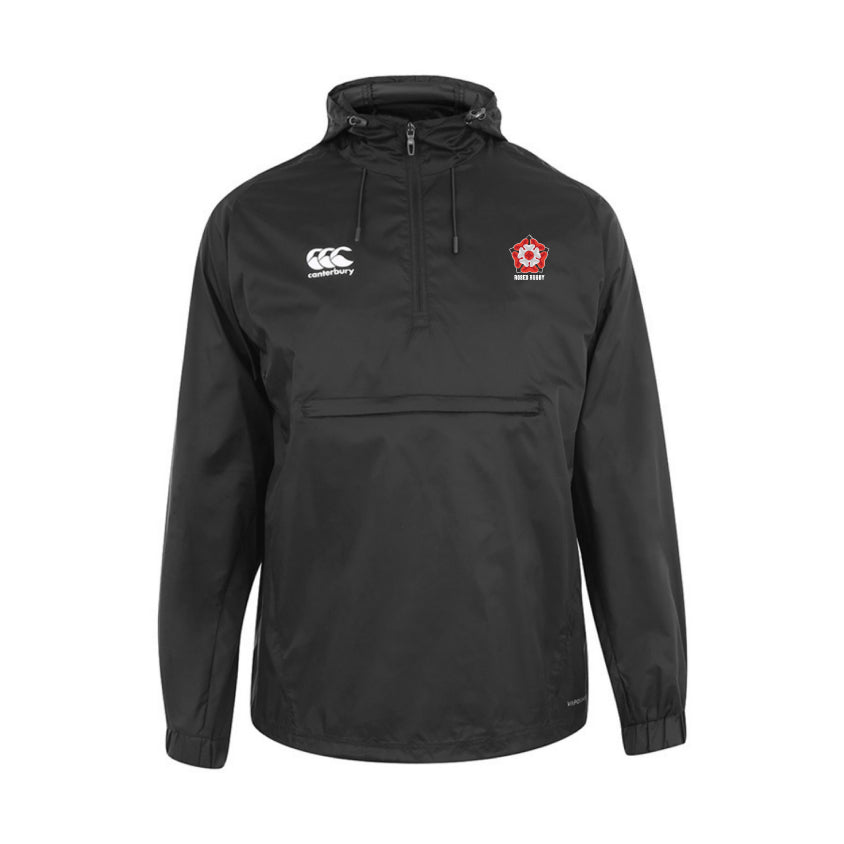 The Roses Rugby Packaway Jacket by EMB Canterbury is a black pullover with a hood, made from water-resistant nylon taffeta. It features the Canterbury logo on the left chest and a red emblem on the right.