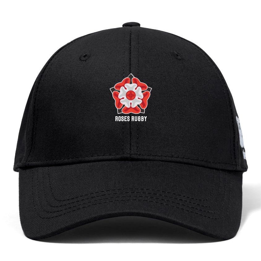 The Roses Rugby Flexfit Drill Cap by EMB Canterbury, featuring a curved brim and "Roses Rugby" red rose emblem on the front, offers premium quality for comfort and durability. Ideal for rugby fans.