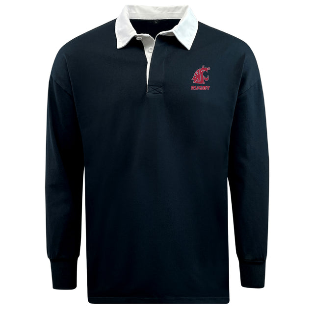 The EMB Mudoo Washington State University Classic Long Sleeve Solid Rugby Jersey is black with a white collar and buttons, crafted from a cotton-poly blend, and features a red WSU rugby logo on the left chest.